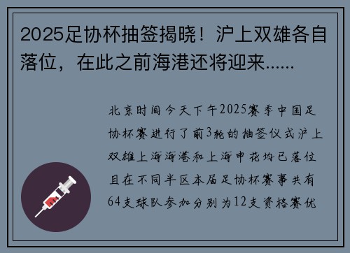 2025足协杯抽签揭晓！沪上双雄各自落位，在此之前海港还将迎来......