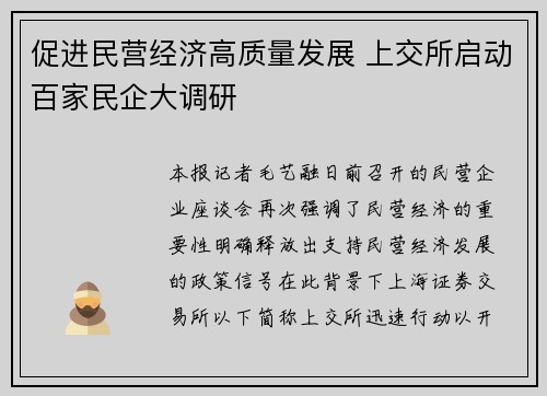 促进民营经济高质量发展 上交所启动百家民企大调研