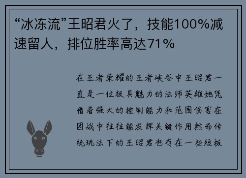 “冰冻流”王昭君火了，技能100%减速留人，排位胜率高达71%