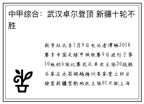 中甲综合：武汉卓尔登顶 新疆十轮不胜