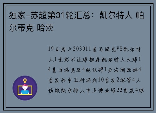 独家-苏超第31轮汇总：凯尔特人 帕尔蒂克 哈茨