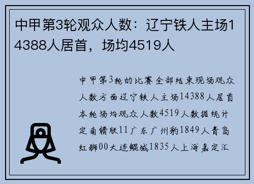 中甲第3轮观众人数：辽宁铁人主场14388人居首，场均4519人