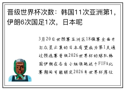 晋级世界杯次数：韩国11次亚洲第1，伊朗6次国足1次，日本呢