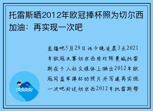 托雷斯晒2012年欧冠捧杯照为切尔西加油：再实现一次吧